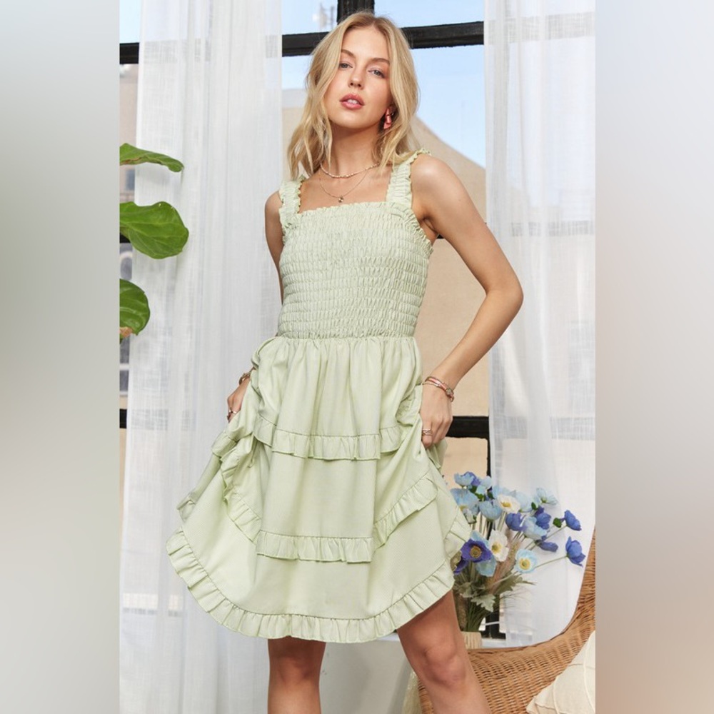ADORA Smocked Ruffled Wide Strap Mini Dress🆕